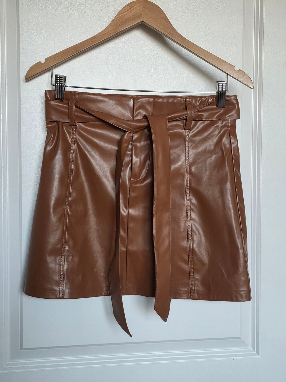 Day & Moon Belted Faux Leather Mini Skirt in Cognac
